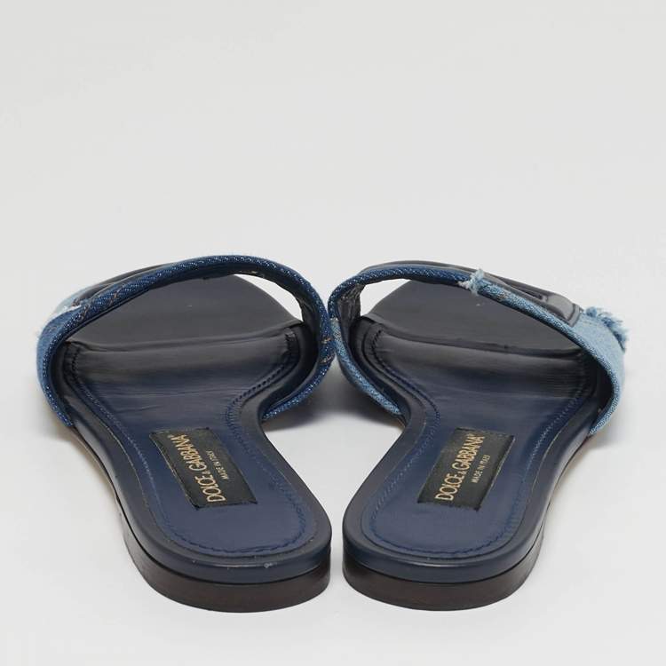 مملوكة مسبقًا Dolce & Gabbana DG Logo Size 39 Two Tone Denim and Leather Flat Slide