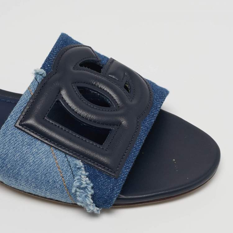 مملوكة مسبقًا Dolce & Gabbana DG Logo Size 39 Two Tone Denim and Leather Flat Slide