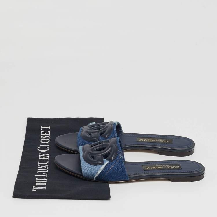 مملوكة مسبقًا Dolce & Gabbana DG Logo Size 39 Two Tone Denim and Leather Flat Slide