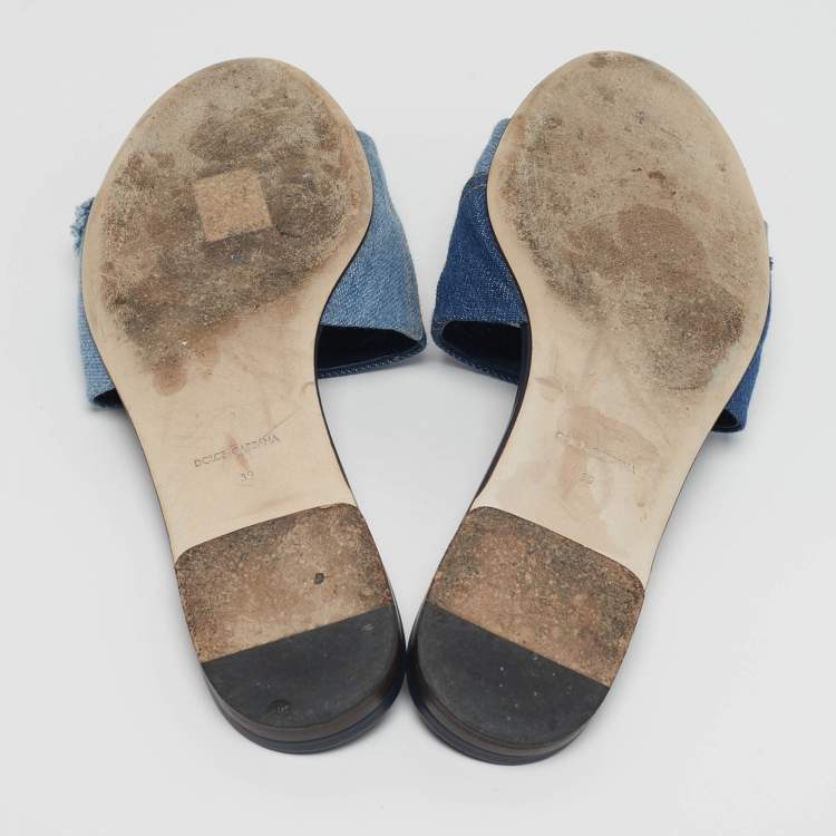 مملوكة مسبقًا Dolce & Gabbana DG Logo Size 39 Two Tone Denim and Leather Flat Slide