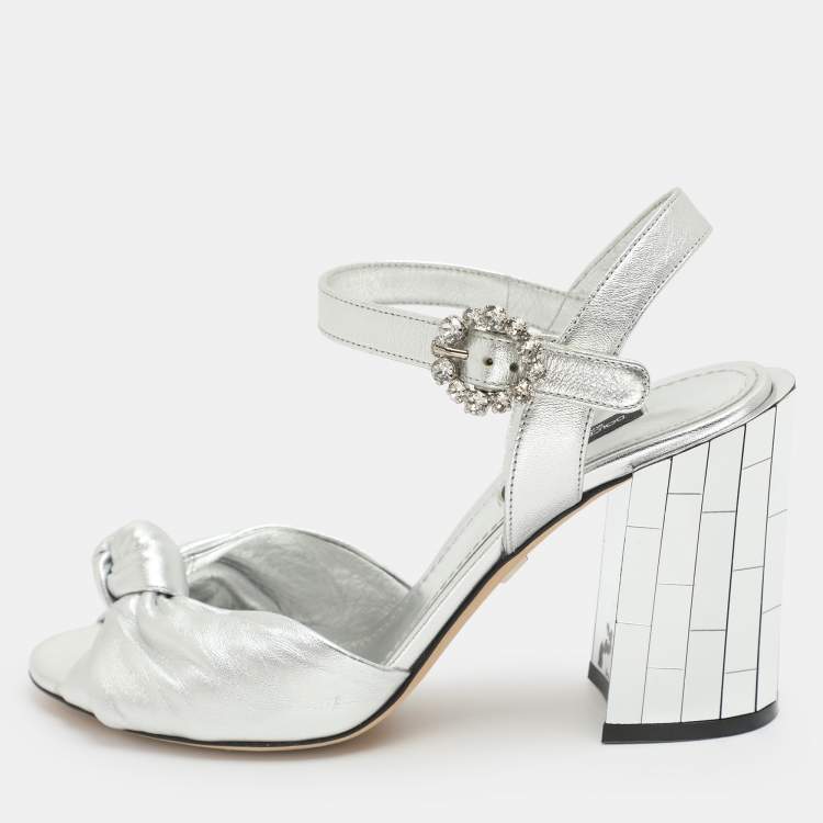 Pre Owned Dolce & Gabbana Size 37 Silver Foil Leather Mirror Heel Ankle Strap Sandals