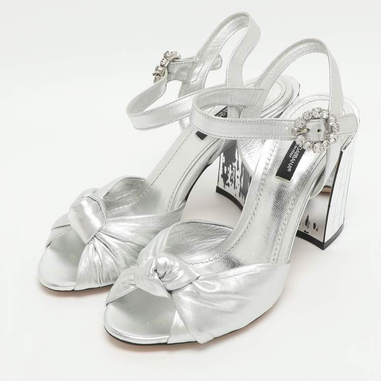 Pre Owned Dolce & Gabbana Size 37 Silver Foil Leather Mirror Heel Ankle Strap Sandals