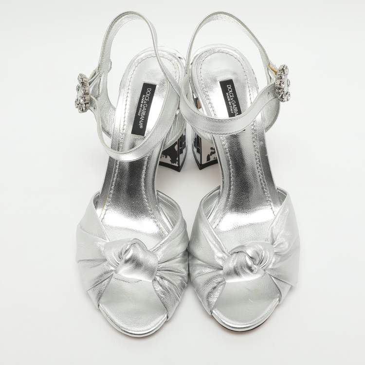 Pre Owned Dolce & Gabbana Size 37 Silver Foil Leather Mirror Heel Ankle Strap Sandals