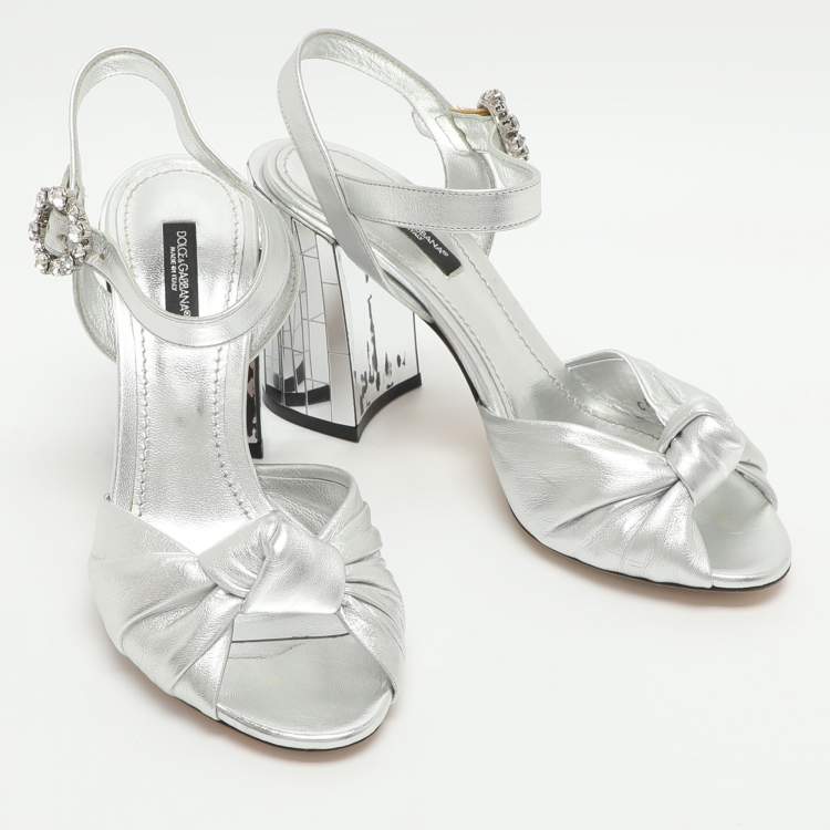 Pre Owned Dolce & Gabbana Size 37 Silver Foil Leather Mirror Heel Ankle Strap Sandals