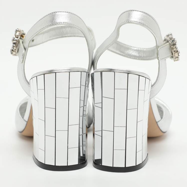 Pre Owned Dolce & Gabbana Size 37 Silver Foil Leather Mirror Heel Ankle Strap Sandals