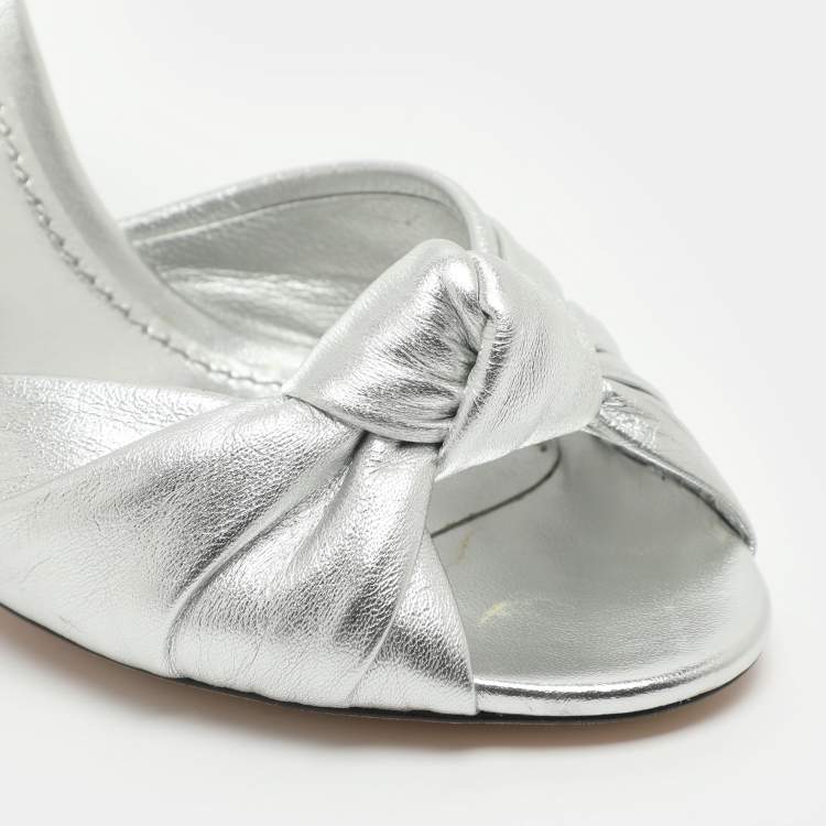 Pre Owned Dolce & Gabbana Size 37 Silver Foil Leather Mirror Heel Ankle Strap Sandals
