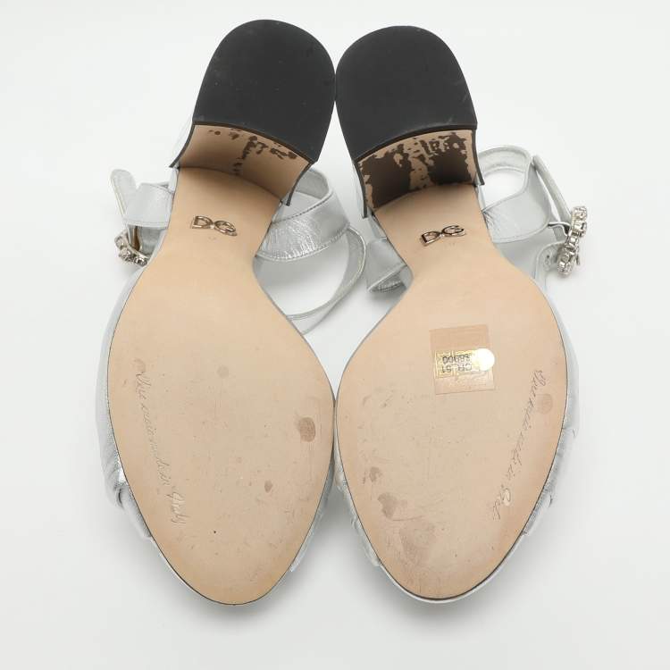 Pre Owned Dolce & Gabbana Size 37 Silver Foil Leather Mirror Heel Ankle Strap Sandals