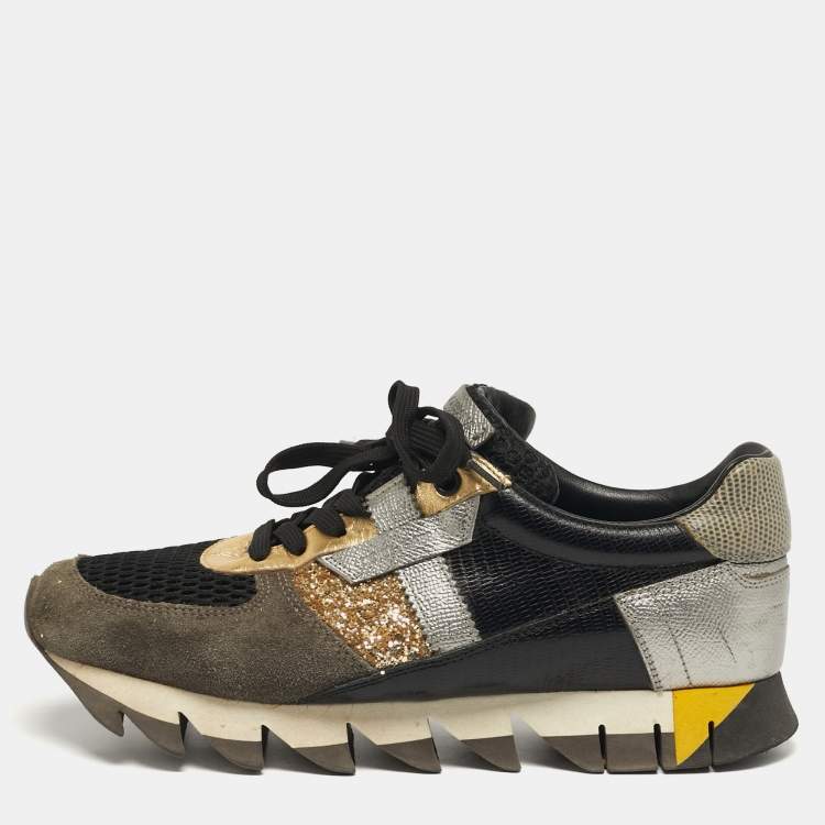Pre Owned Dolce & Gabbana Size 39.5 Multicolor Glitter, Leather and Suede Lace Up Sneakers