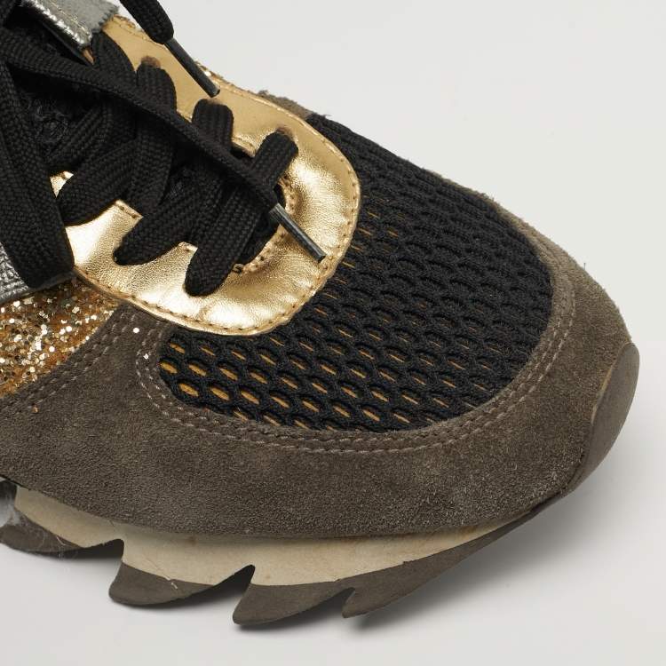 Pre Owned Dolce & Gabbana Size 39.5 Multicolor Glitter, Leather and Suede Lace Up Sneakers