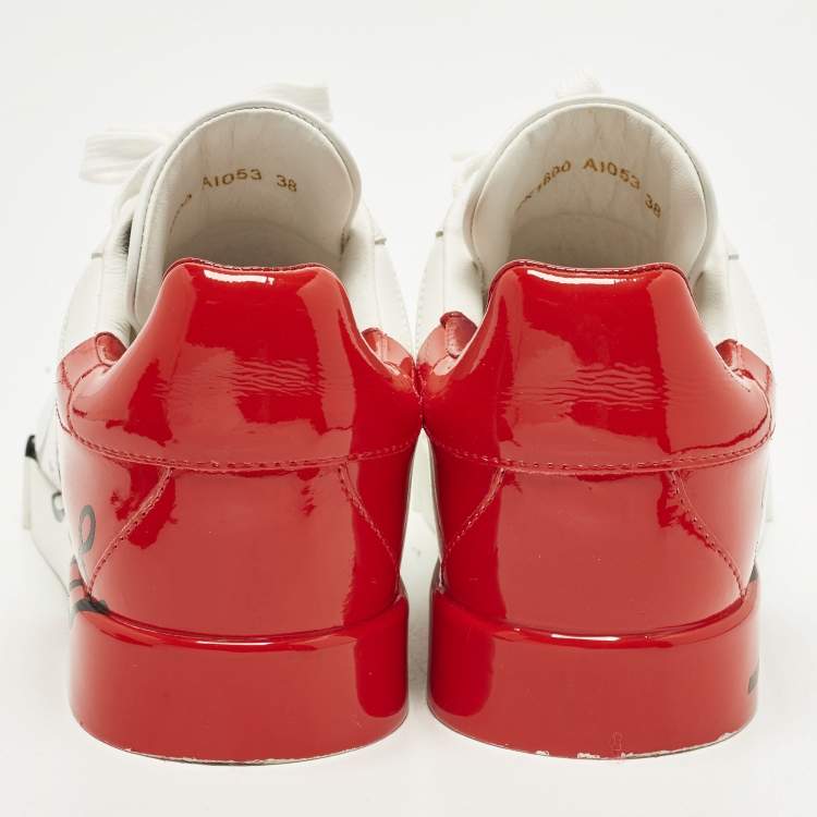 Pre Owned Dolce & Gabbana Portofino Size 38 White/Red Leather Low Top Sneakers
