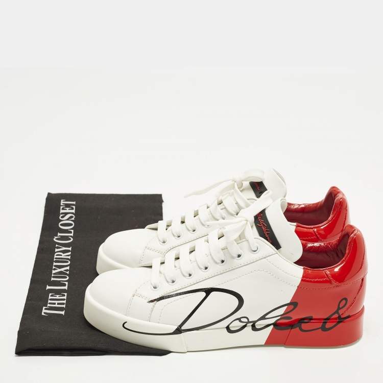 Pre Owned Dolce & Gabbana Portofino Size 38 White/Red Leather Low Top Sneakers