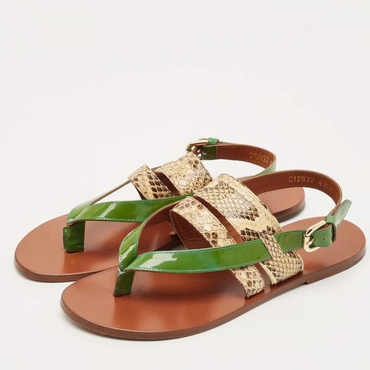 Pre Owned Dolce & Gabbana Anica Size 39.5 Green/Beige Patent Leather and Python Leather Thong Slingback