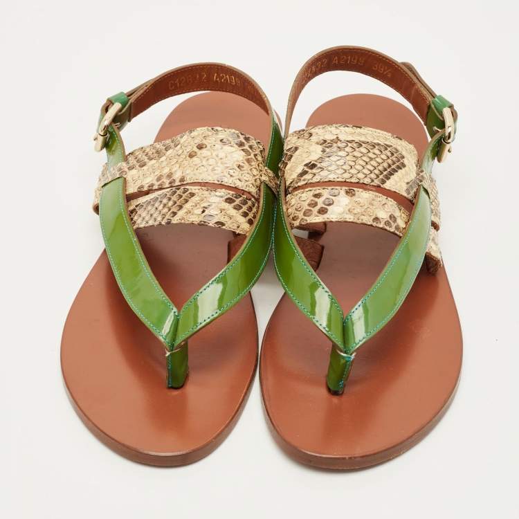 Pre Owned Dolce & Gabbana Anica Size 39.5 Green/Beige Patent Leather and Python Leather Thong Slingback