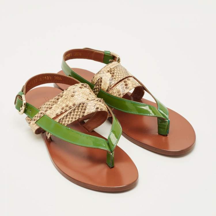 Pre Owned Dolce & Gabbana Anica Size 39.5 Green/Beige Patent Leather and Python Leather Thong Slingback