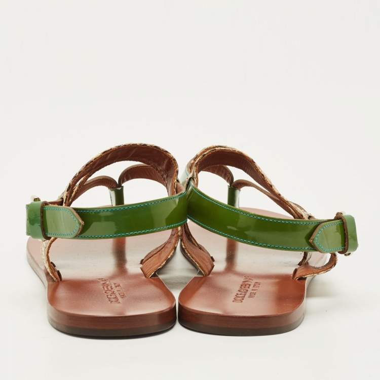 Pre Owned Dolce & Gabbana Anica Size 39.5 Green/Beige Patent Leather and Python Leather Thong Slingback