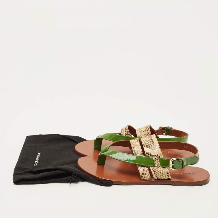 Pre Owned Dolce & Gabbana Anica Size 39.5 Green/Beige Patent Leather and Python Leather Thong Slingback