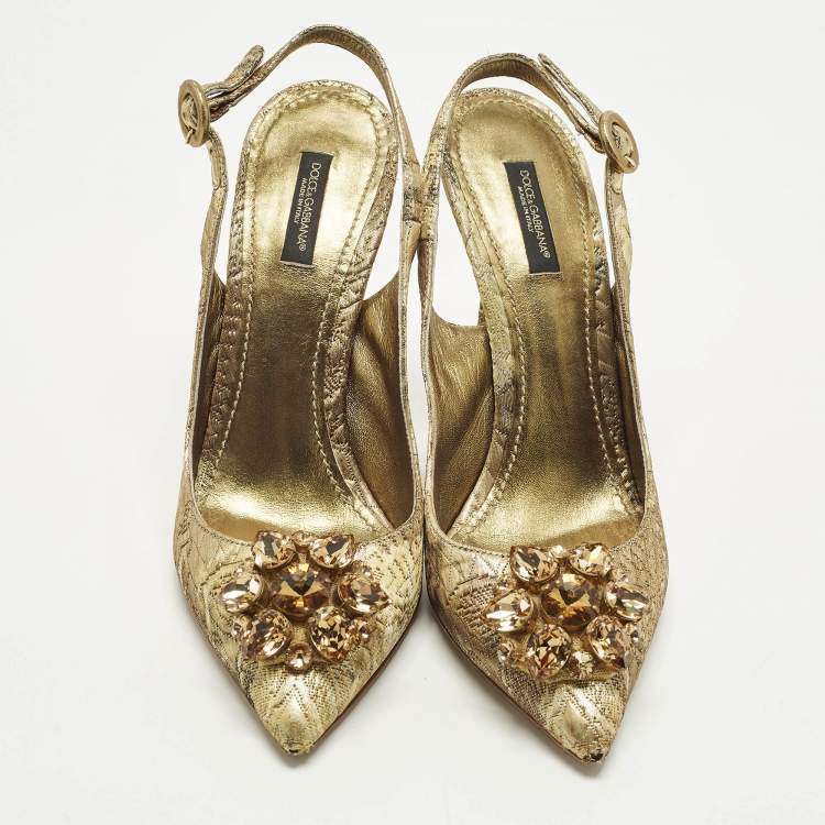 مملوكة مسبقًا Dolce & Gabbana Size 40 Gold Brocade Fabric Crystal Embellished Pumps