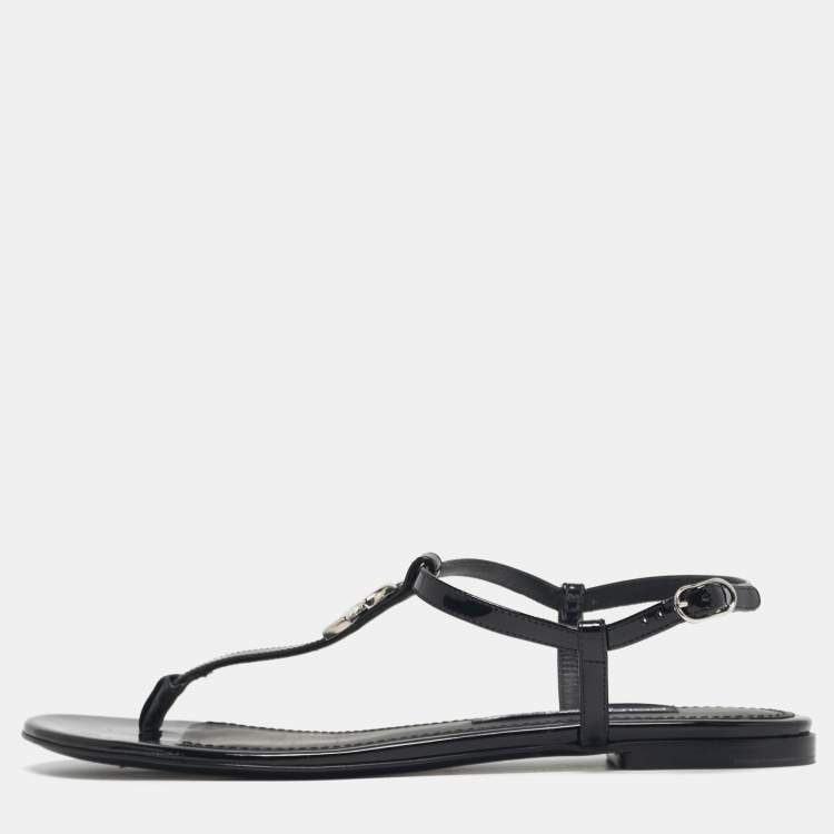 Pre Owned Dolce & Gabbana DG Logo Size 39.5 Black Patent Leather Thong Flats