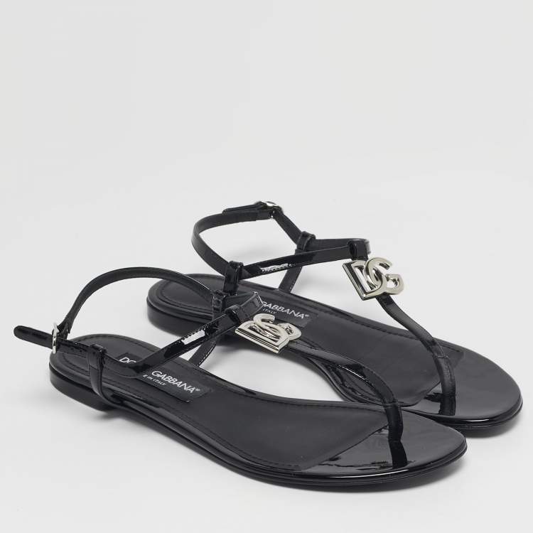 Pre Owned Dolce & Gabbana DG Logo Size 39.5 Black Patent Leather Thong Flats
