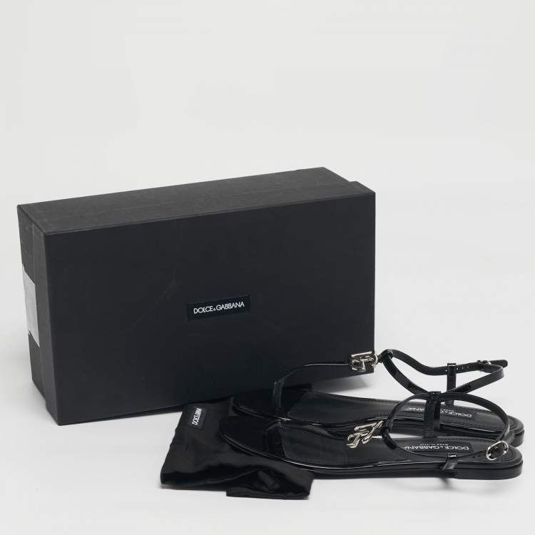 Pre Owned Dolce & Gabbana DG Logo Size 39.5 Black Patent Leather Thong Flats