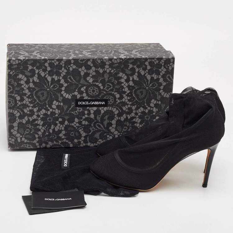 Pre Owned Dolce & Gabbana Stretch Tulle Bow Sock Size 39 Black Mesh Boots