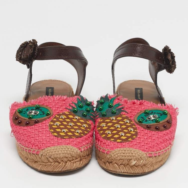 Pre Owned Dolce & Gabbana Size 41 Brown/Red Raffia and Leather Pineapple Kiwi Patch Espadrille Sandals 