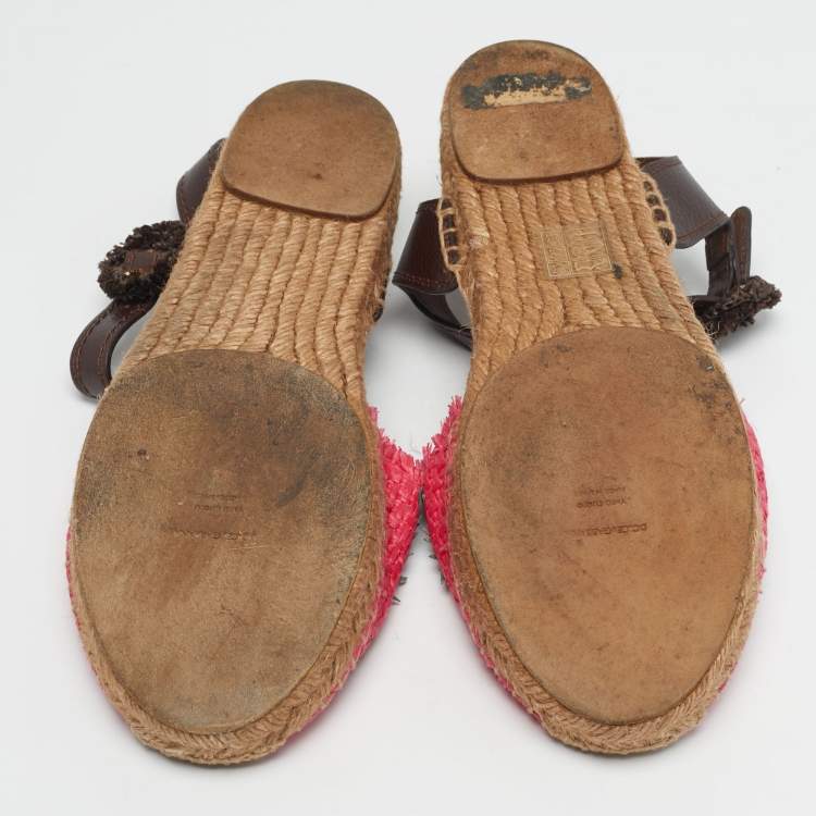 Pre Owned Dolce & Gabbana Size 41 Brown/Red Raffia and Leather Pineapple Kiwi Patch Espadrille Sandals 