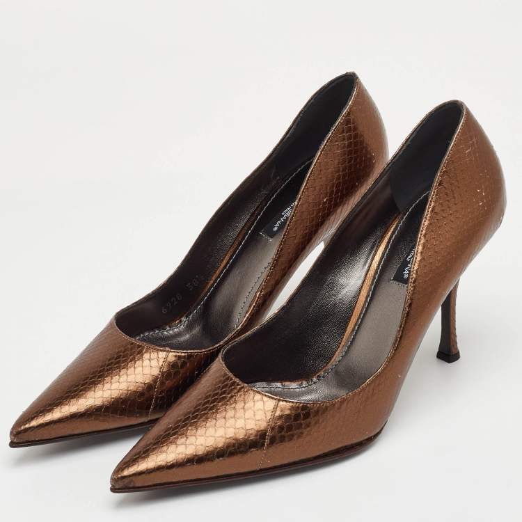 Pre Owned Dolce & Gabbana Size 38.5 Metallic Brown Snakeskin Embossed Leather Pointed Toe Pumps
