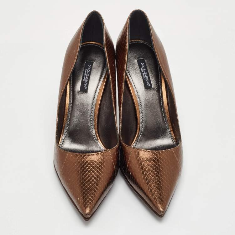 Pre Owned Dolce & Gabbana Size 38.5 Metallic Brown Snakeskin Embossed Leather Pointed Toe Pumps