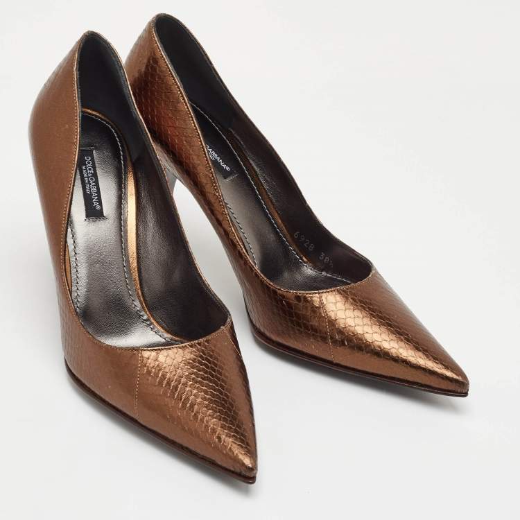 Pre Owned Dolce & Gabbana Size 38.5 Metallic Brown Snakeskin Embossed Leather Pointed Toe Pumps