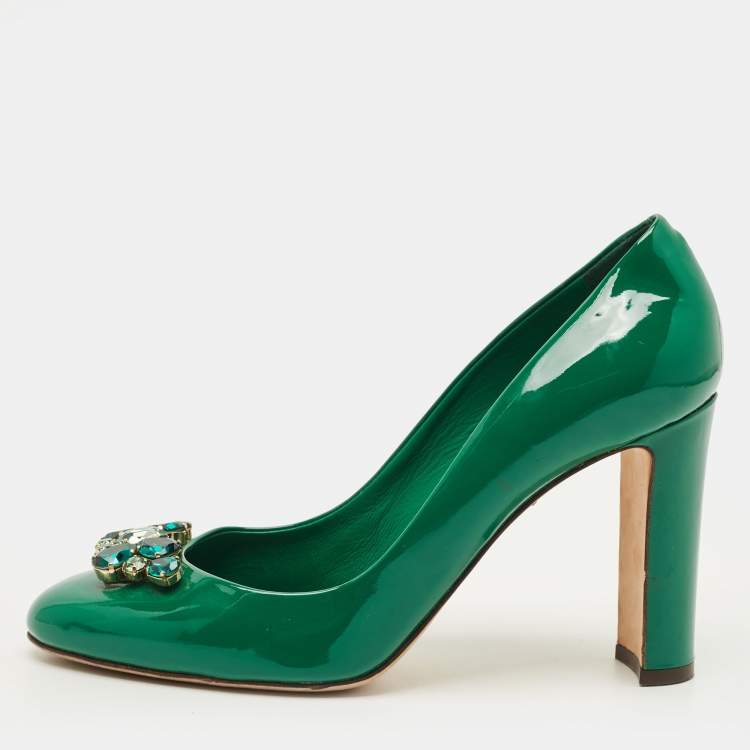 Pre Owned Dolce & Gabbana Size 41 Green Patent Leather Crystal Embellished Block Heel Pumps