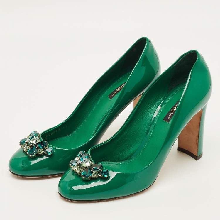 Pre Owned Dolce & Gabbana Size 41 Green Patent Leather Crystal Embellished Block Heel Pumps