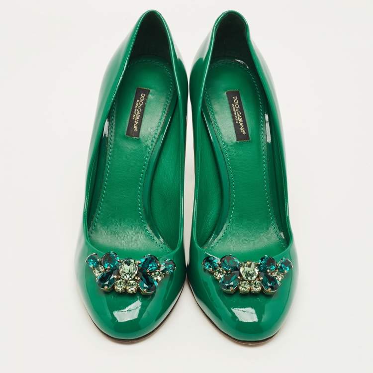 Pre Owned Dolce & Gabbana Size 41 Green Patent Leather Crystal Embellished Block Heel Pumps