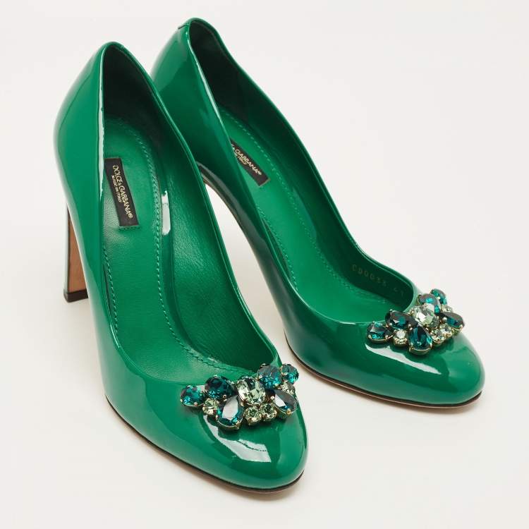 Pre Owned Dolce & Gabbana Size 41 Green Patent Leather Crystal Embellished Block Heel Pumps