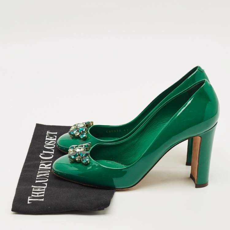 Pre Owned Dolce & Gabbana Size 41 Green Patent Leather Crystal Embellished Block Heel Pumps