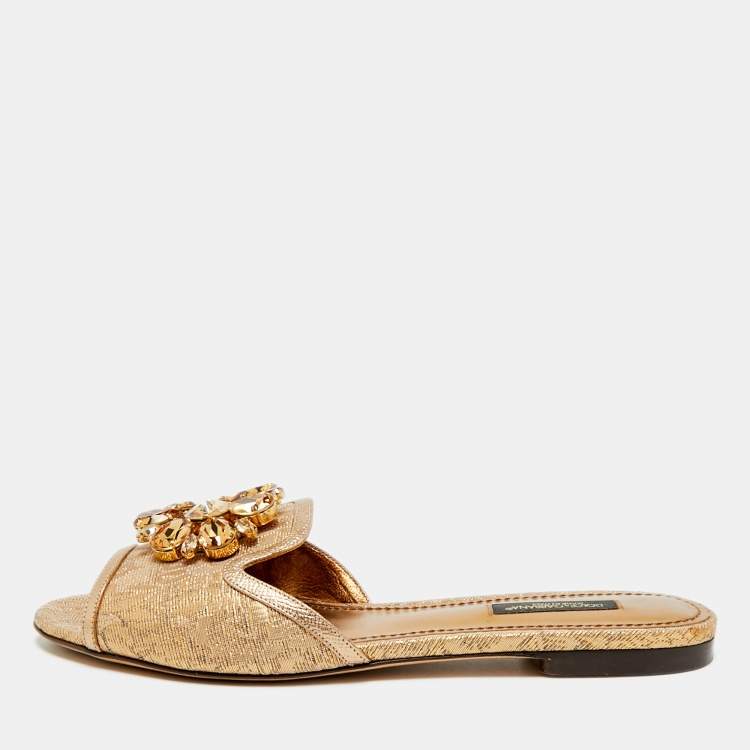 Pre Owned Dolce & Gabbana Size 37 Gold Brocade Fabric and Leather DG Logo Flat Slides