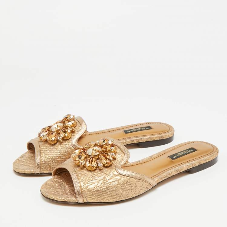 Pre Owned Dolce & Gabbana Size 37 Gold Brocade Fabric and Leather DG Logo Flat Slides