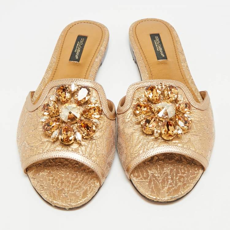 Pre Owned Dolce & Gabbana Size 37 Gold Brocade Fabric and Leather DG Logo Flat Slides