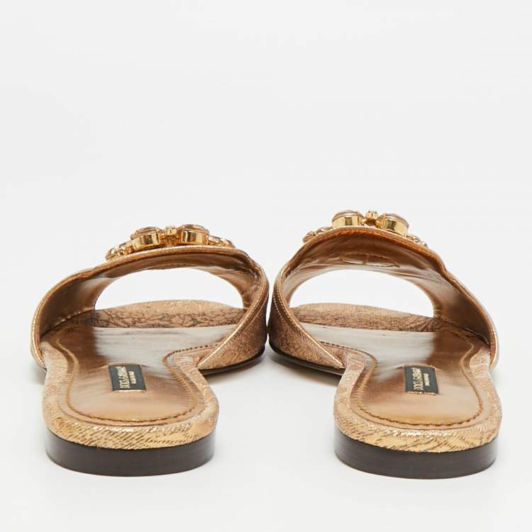 Pre Owned Dolce & Gabbana Size 37 Gold Brocade Fabric and Leather DG Logo Flat Slides