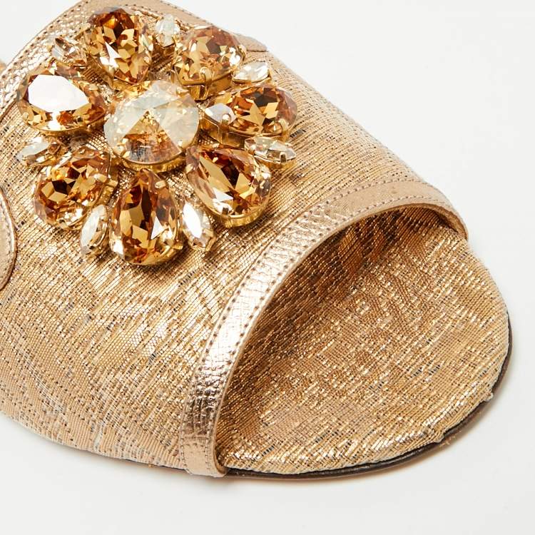 Pre Owned Dolce & Gabbana Size 37 Gold Brocade Fabric and Leather DG Logo Flat Slides