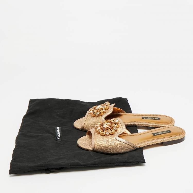 Pre Owned Dolce & Gabbana Size 37 Gold Brocade Fabric and Leather DG Logo Flat Slides