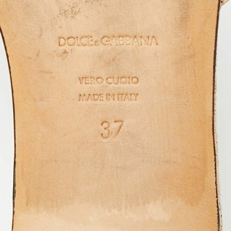 Pre Owned Dolce & Gabbana Size 37 Gold Brocade Fabric and Leather DG Logo Flat Slides