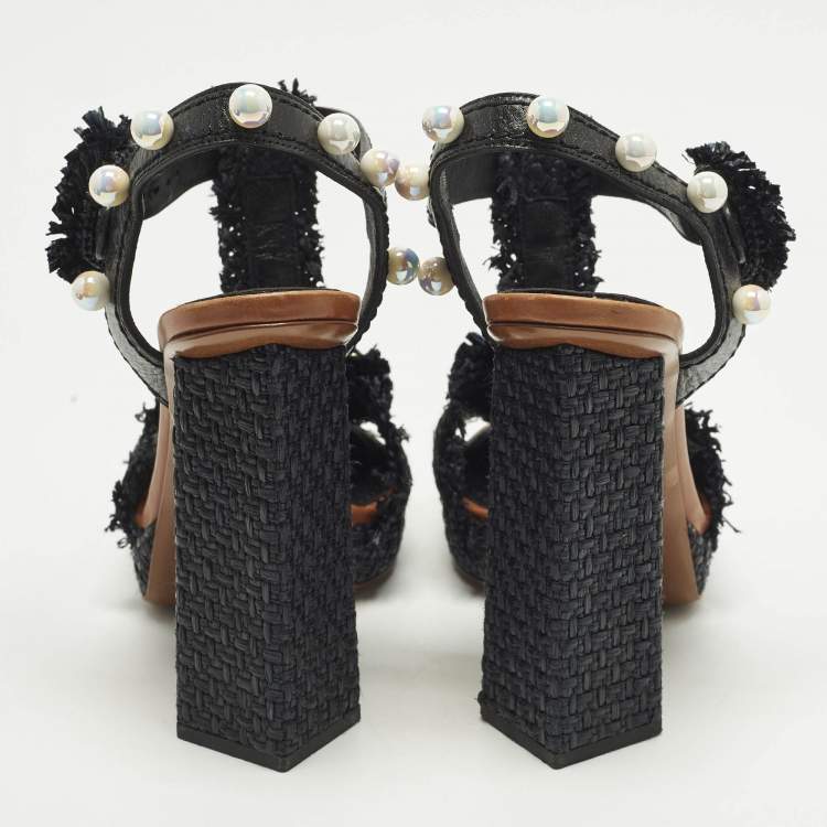 Pre Owned Dolce & Gabbana Size 36 Black Leather and Raffia Faux Pearls T Strap Sandals