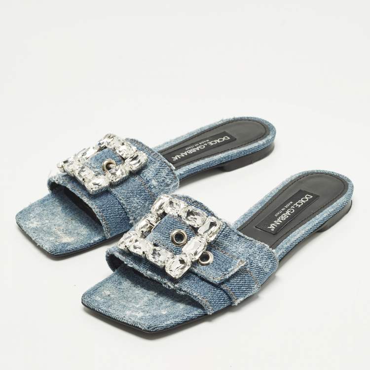 Pre Owned Dolce & Gabbana Size 39 Blue Denim Crystal Embellished Buckle Flat Slide