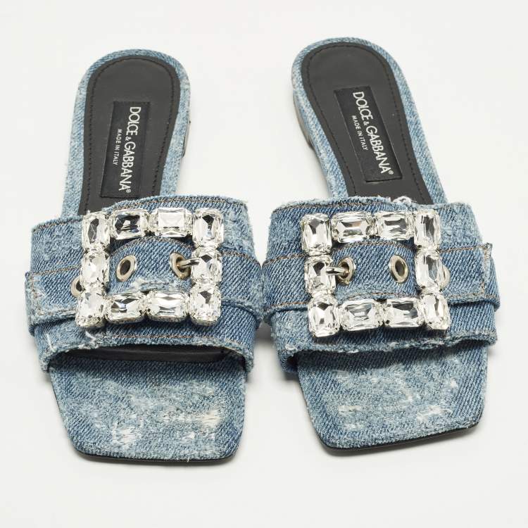 Pre Owned Dolce & Gabbana Size 39 Blue Denim Crystal Embellished Buckle Flat Slide