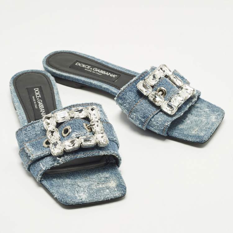 Pre Owned Dolce & Gabbana Size 39 Blue Denim Crystal Embellished Buckle Flat Slide