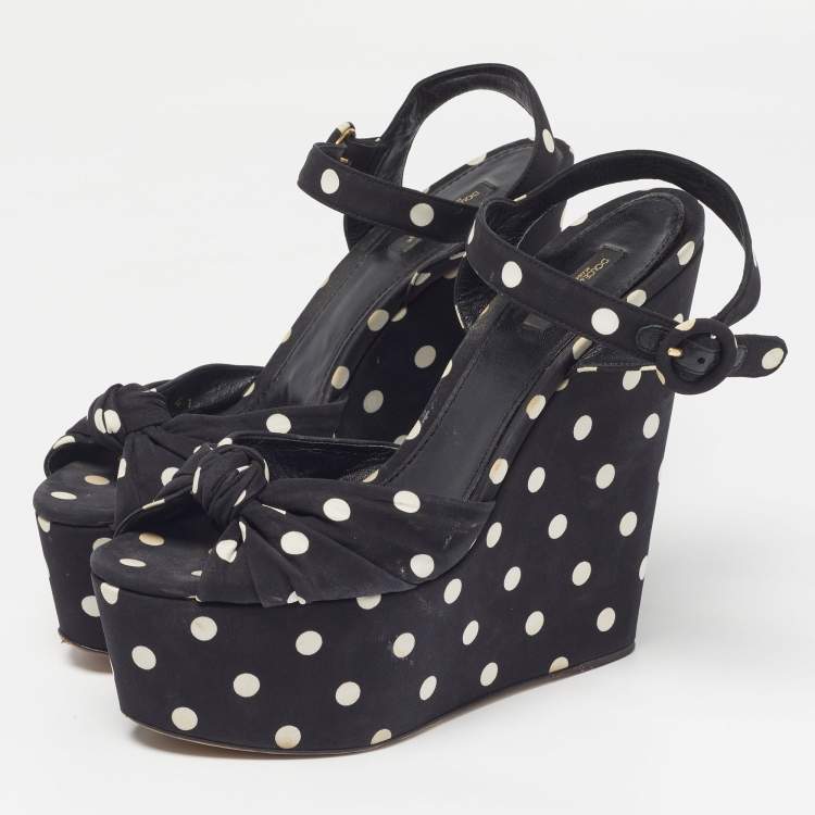 Pre Owned Dolce & Gabbana Polka Dot Size 41 Black Fabric Ankle Strap Platform Wedge Sandals