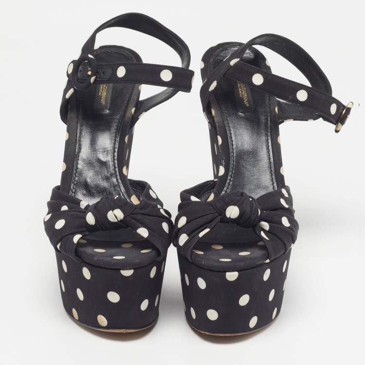 Pre Owned Dolce & Gabbana Polka Dot Size 41 Black Fabric Ankle Strap Platform Wedge Sandals