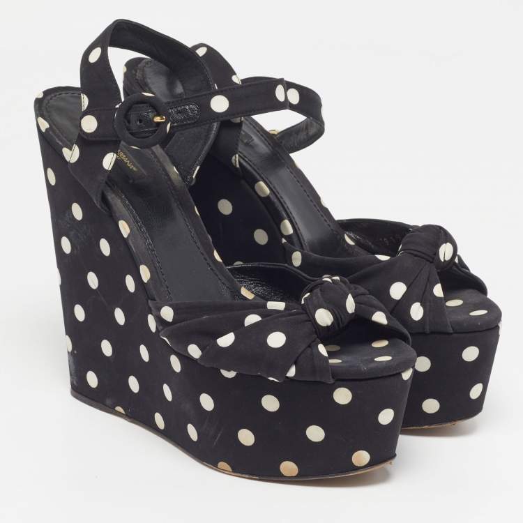 Pre Owned Dolce & Gabbana Polka Dot Size 41 Black Fabric Ankle Strap Platform Wedge Sandals
