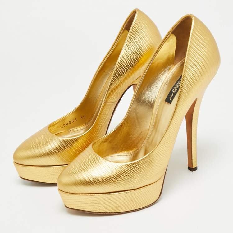 Pre Owned Dolce & Gabbana Size 39 Gold Lizard Embossed Leather Platform Pumps